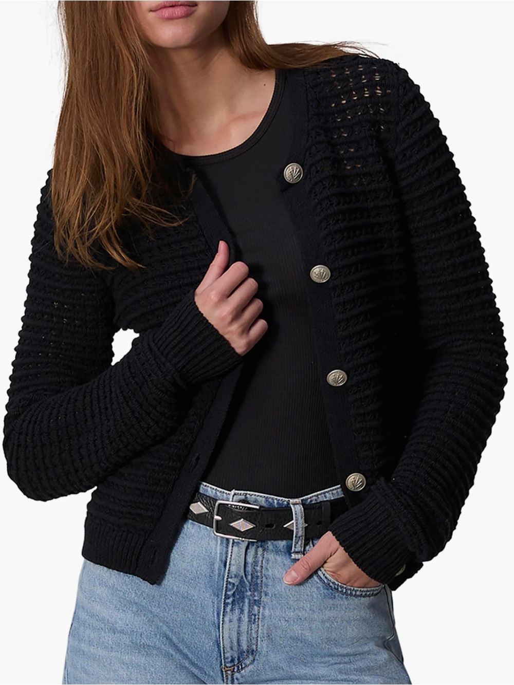 Rag & Bone Marlee Black Knit Cardigan Gold Buttons Organic Cotton L/G - Picture 3 of 14